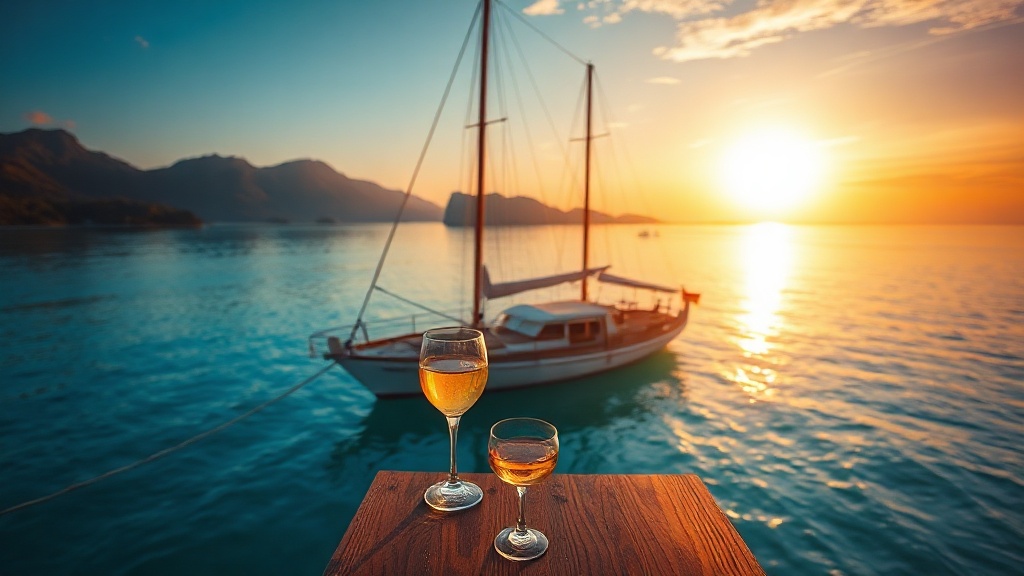 Private phinisi at anchor in a turquoise Komodo bay at golden hour, wine glasses on the teak deck